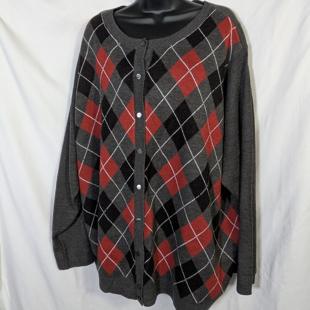 Croft & Barrow Women's Argyle Cardigan Charcoal Red Preppy‎ Academia Classic 4X